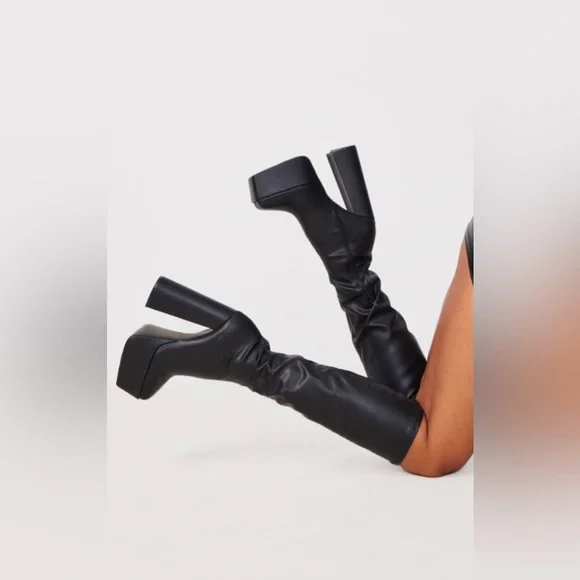 Black Matte Square Toe Platform High Block Heeled Knee, Boots